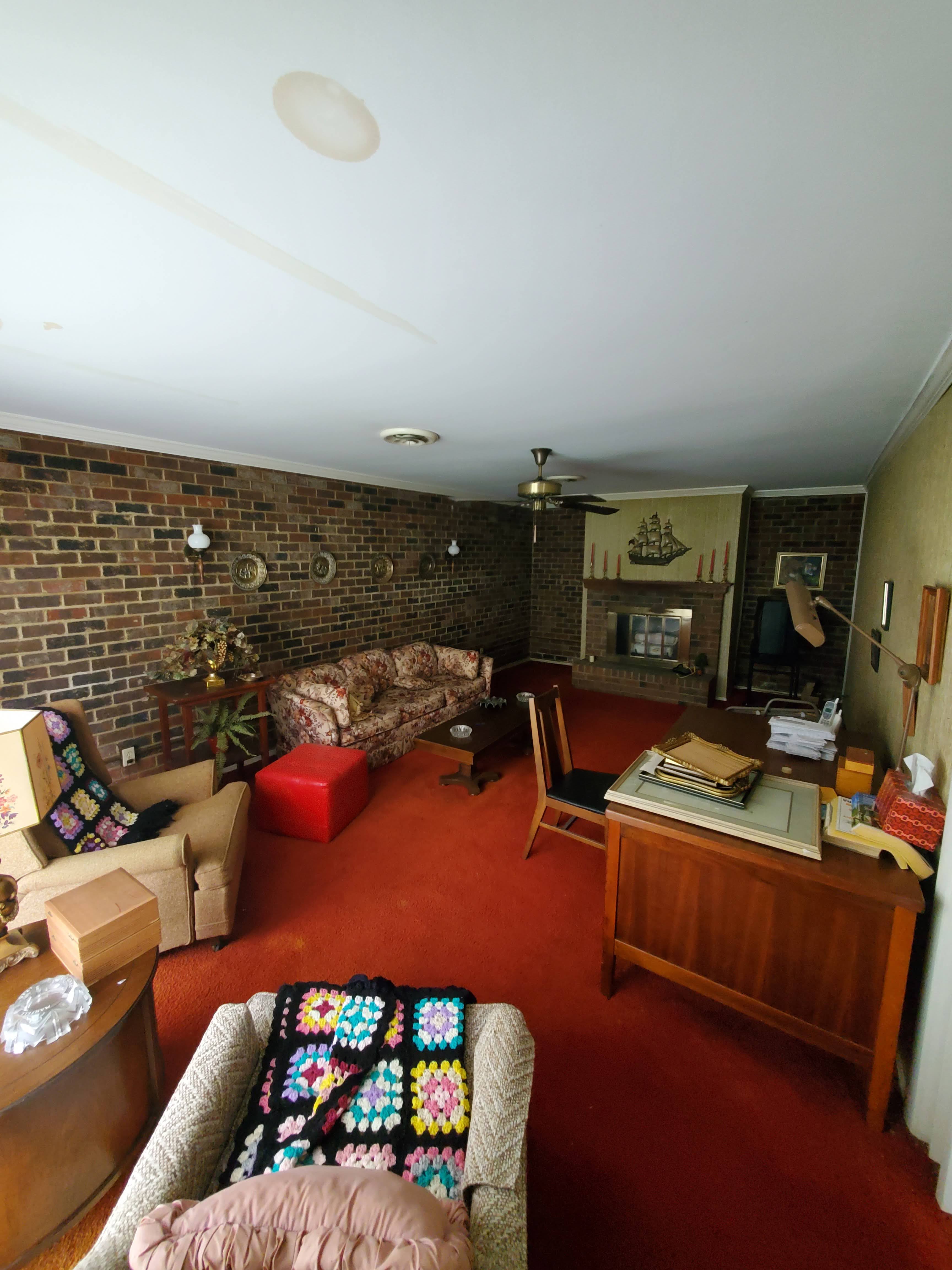 Living room with brick wall and red carpet